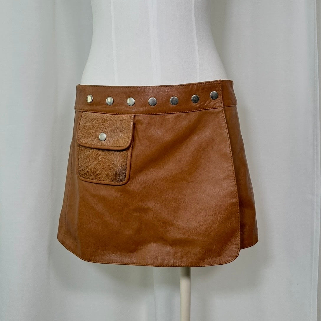 Leather Pony Hair Detail Wrap Skirt