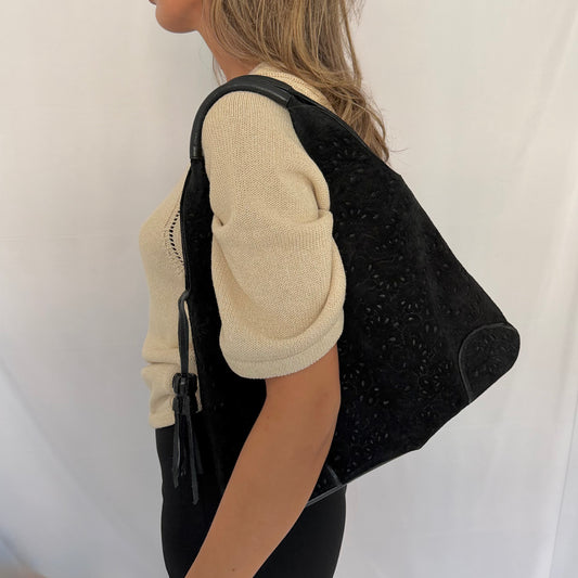 Gino Rossi Black Suede Leather Hobo Shoulder Bag