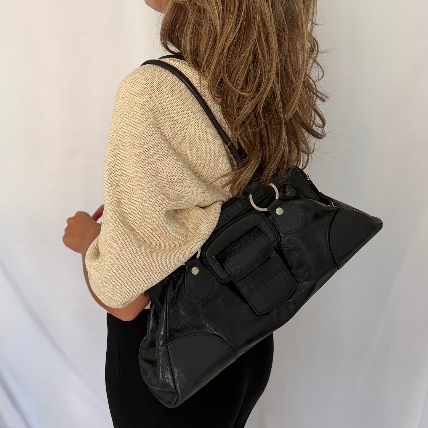 Paters Black Embossed Leather Shoulder Bag