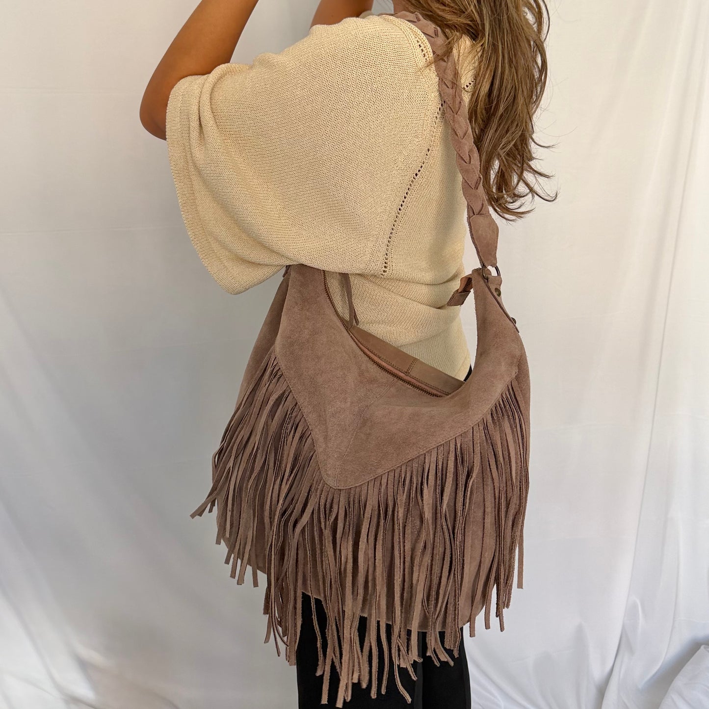 Cream Deluxe Taupe Suede Fringe Hobo Bag