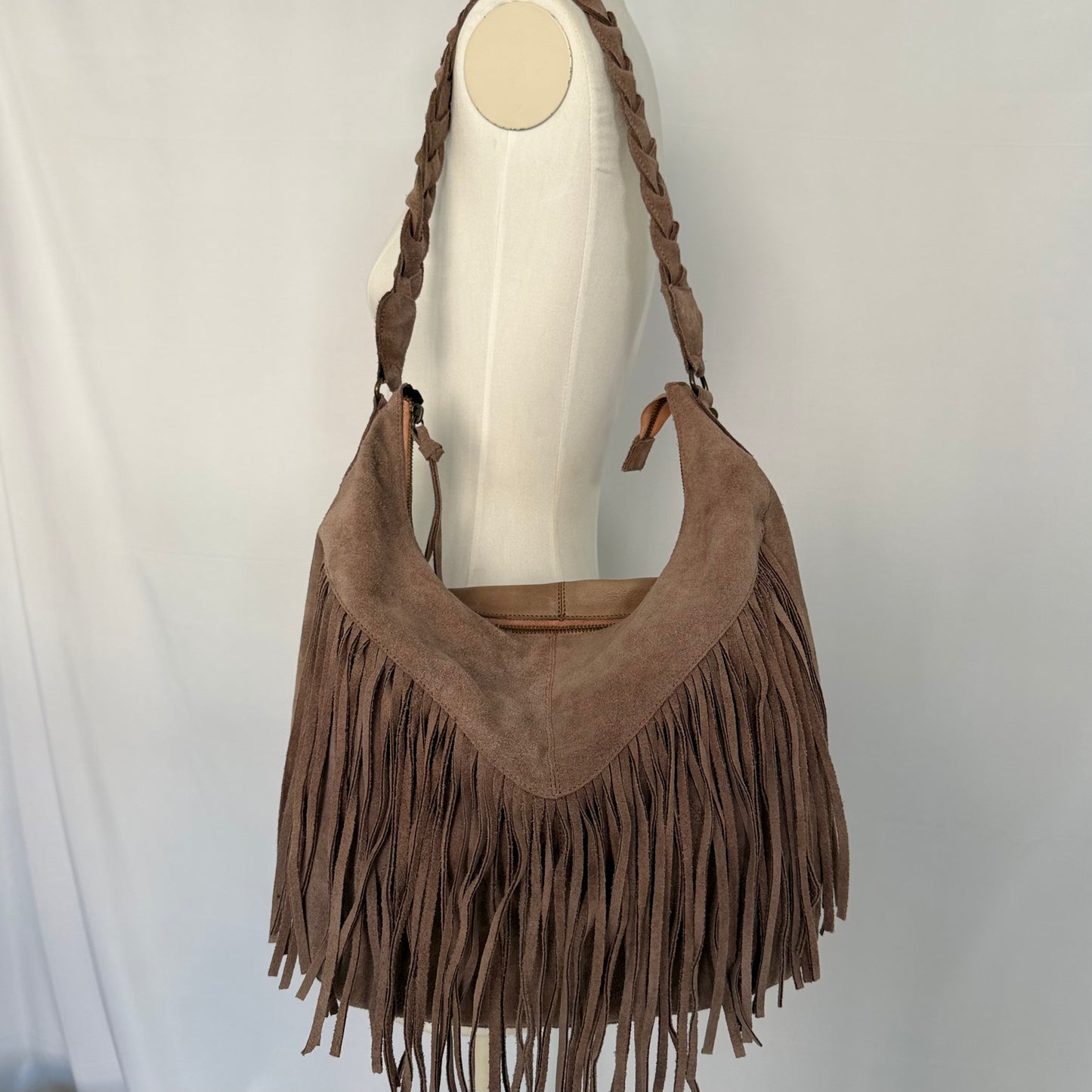 Cream Deluxe Taupe Suede Fringe Hobo Bag