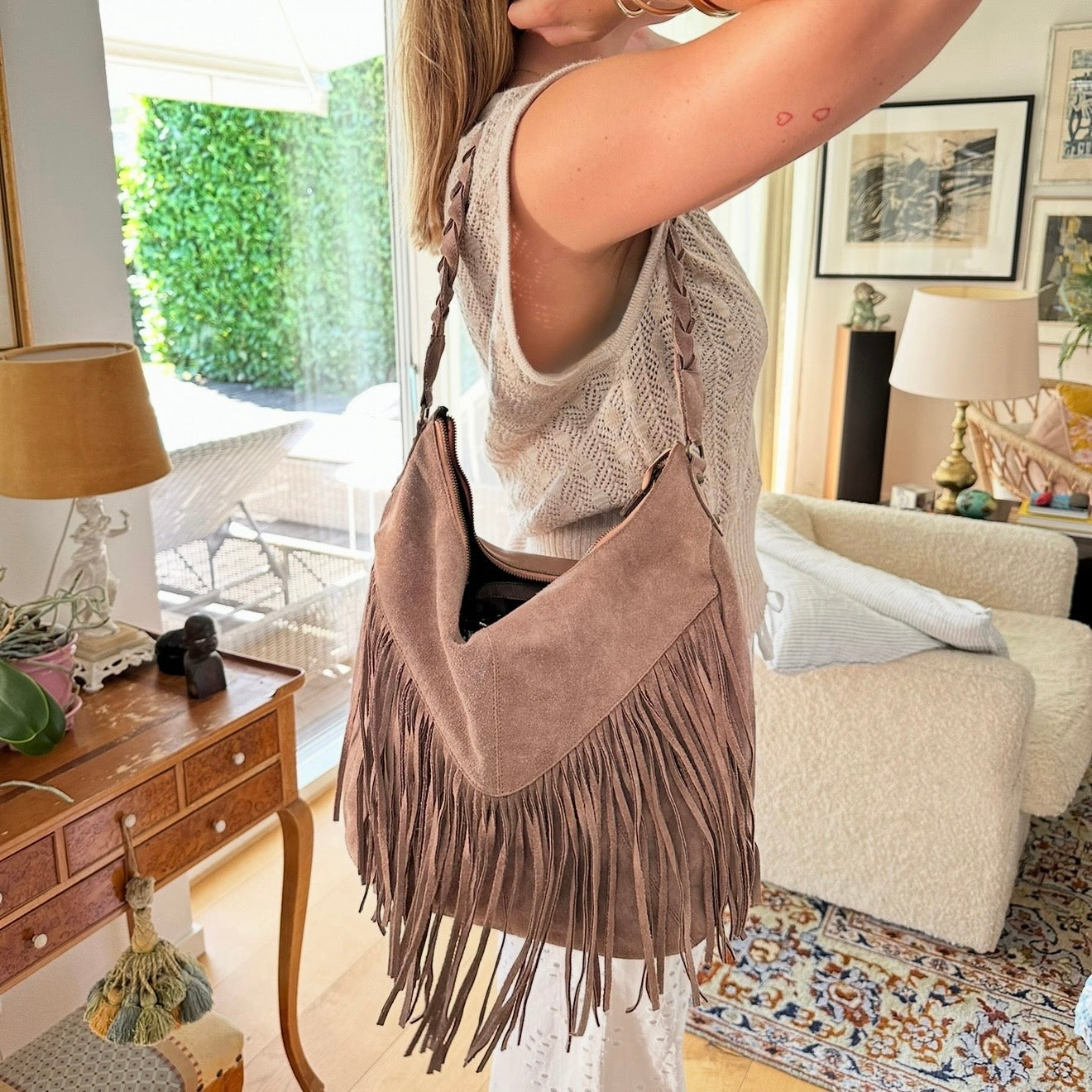 Cream Deluxe Taupe Suede Fringe Hobo Bag