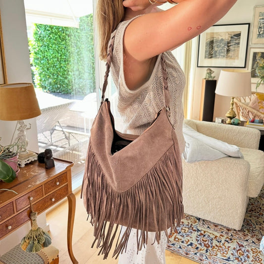Cream Deluxe Taupe Suede Fringe Hobo Bag