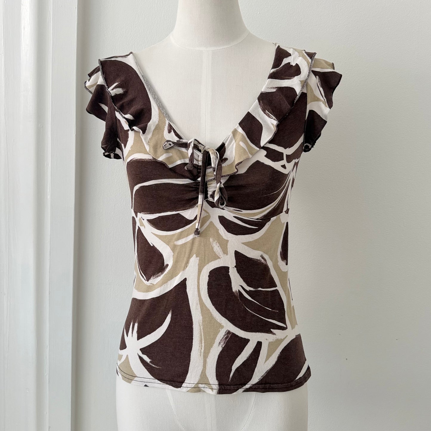 Beige Floral Ruffle Tie Neck Top Size S–M