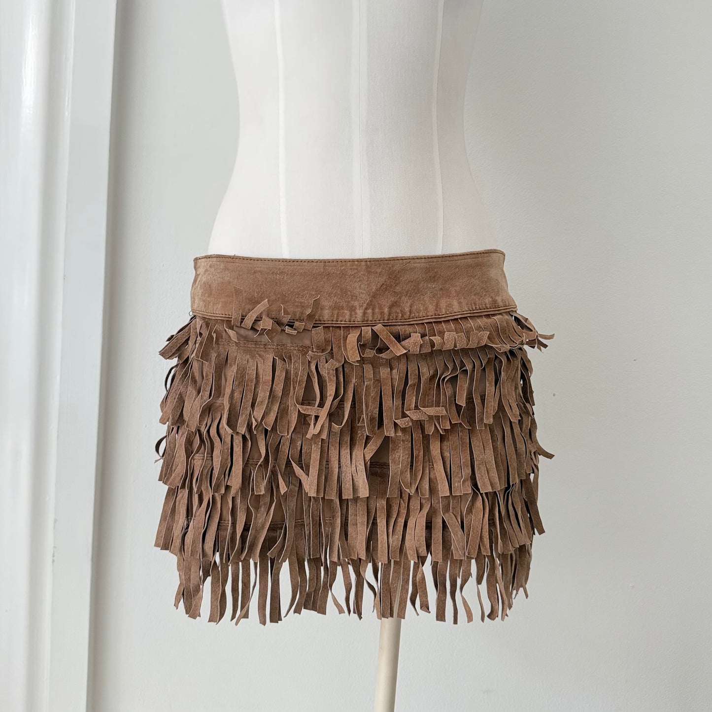 Suede Fringe Mini Skirt Tan Size 38
