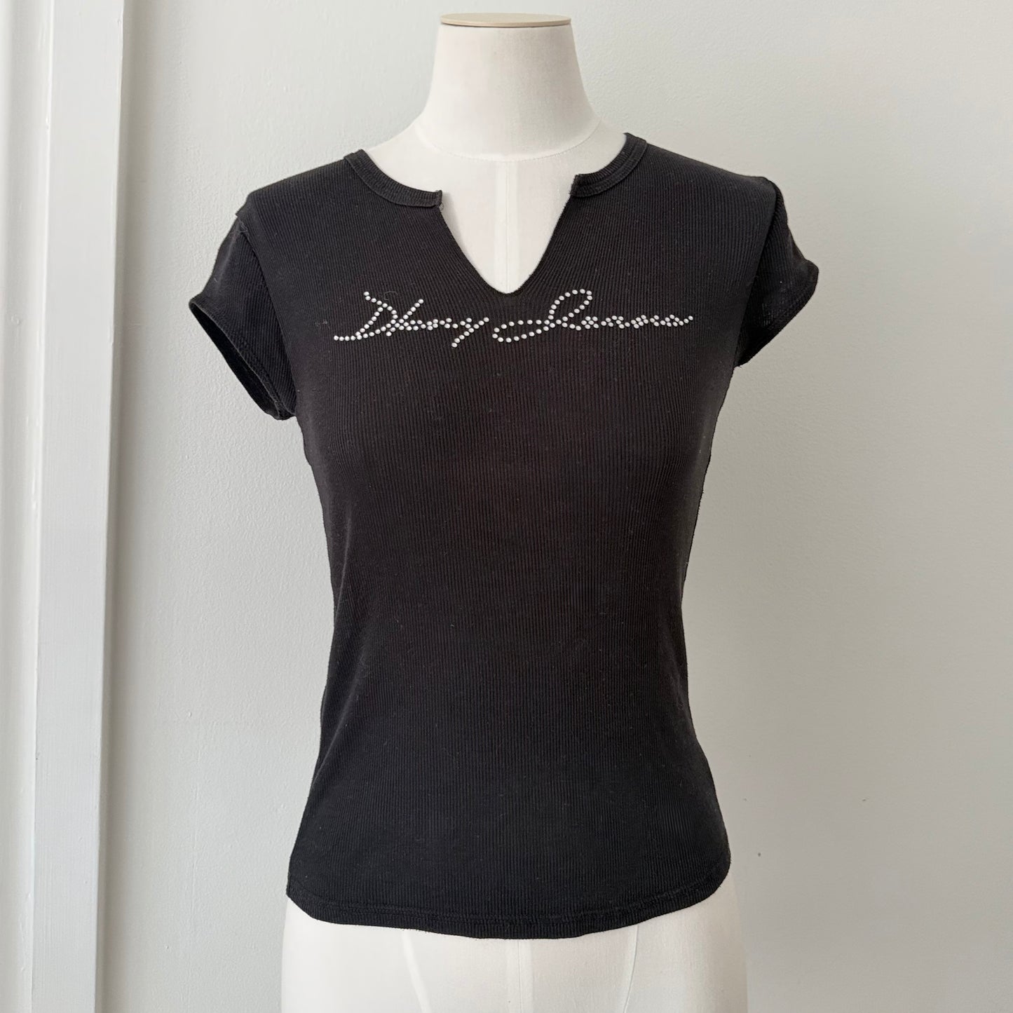 Black Ribbed Rhinestone Logo Tee Size S