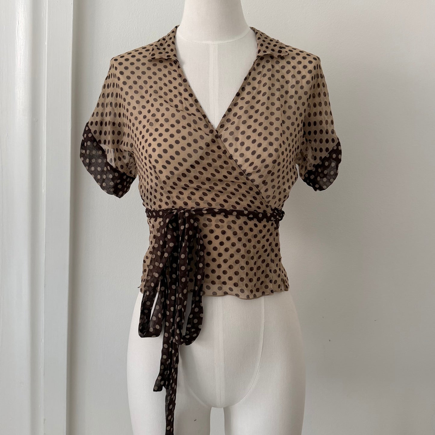 Brown Polka Dot Silk Wrap Tie Blouse Size 38