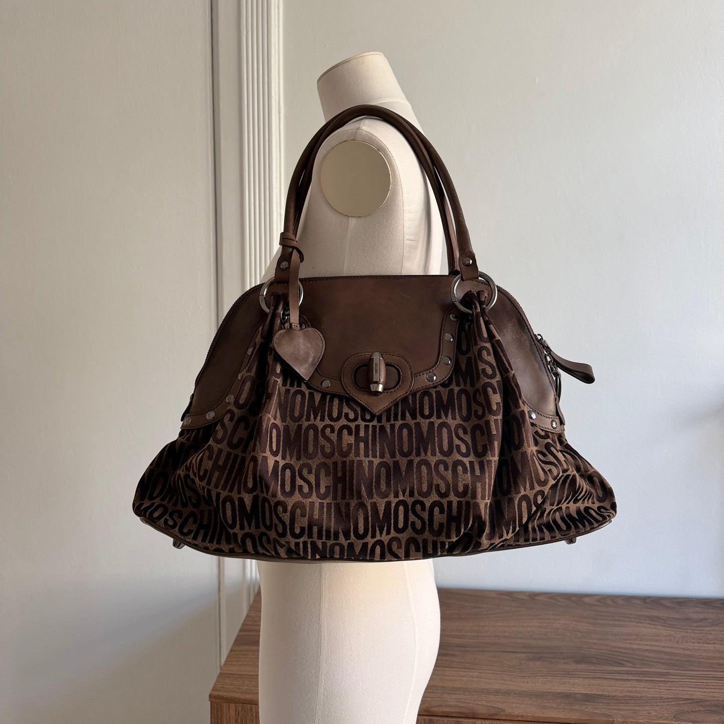 Moschino Brown Monogram Large Shoulder Bag