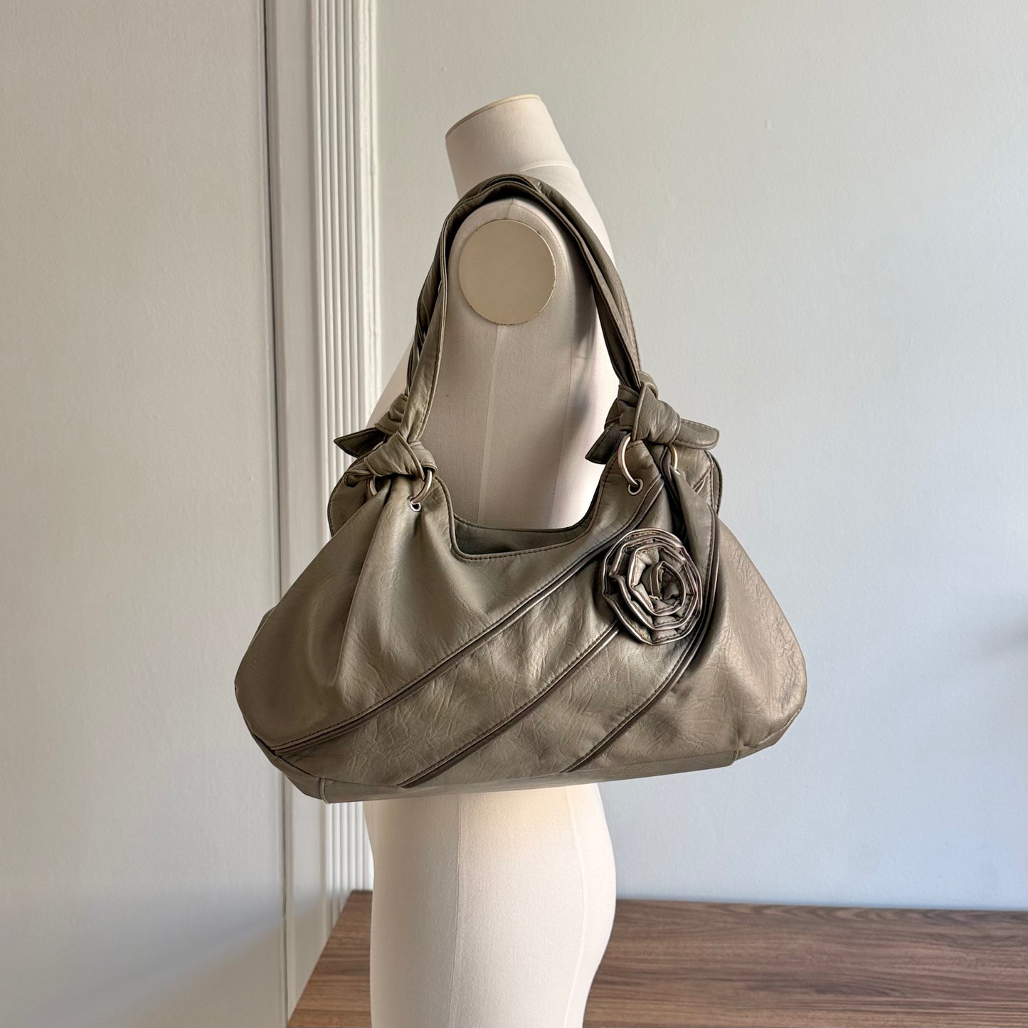 Grey Oversized Hobo Handbag with Floral Detail