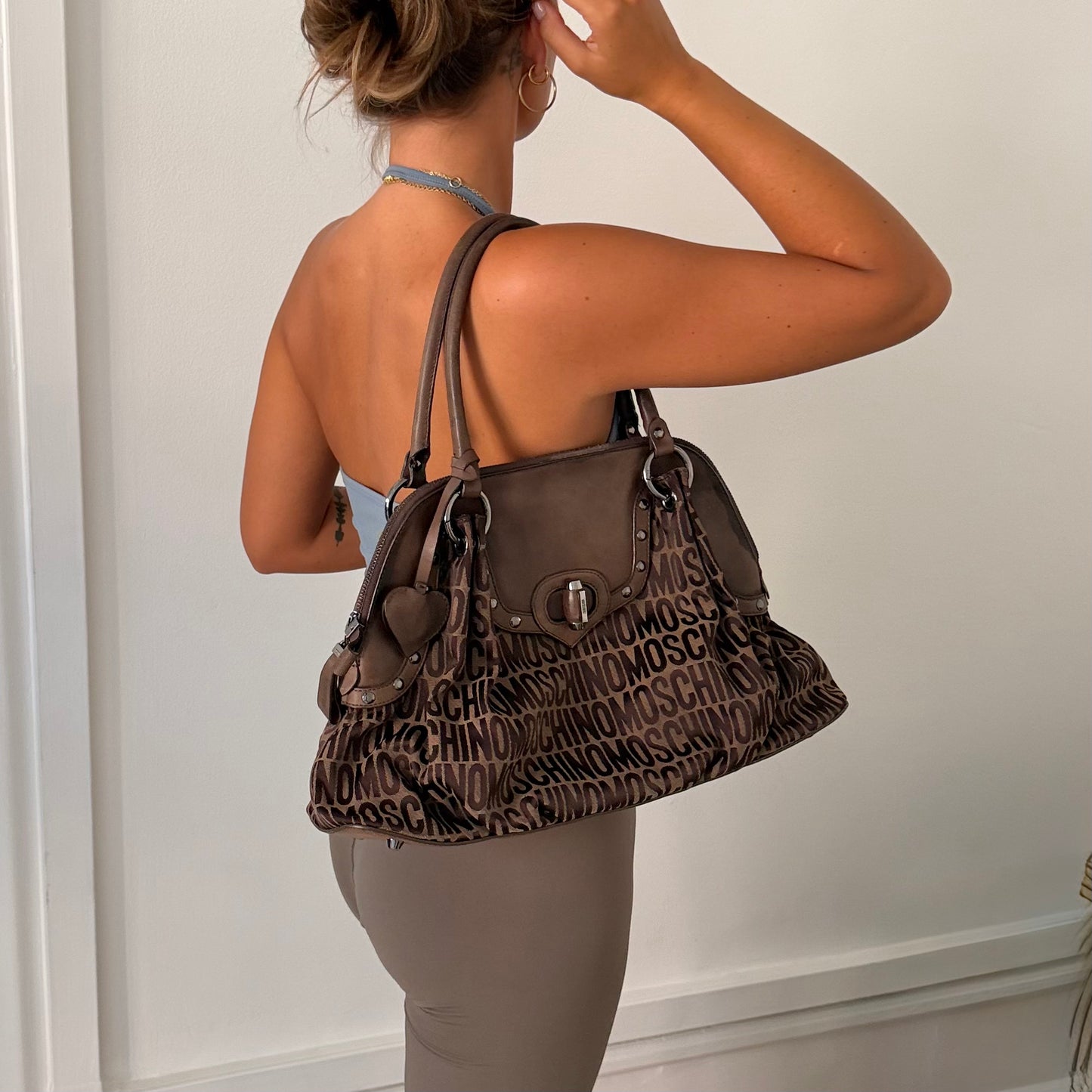 Moschino Brown Monogram Large Shoulder Bag
