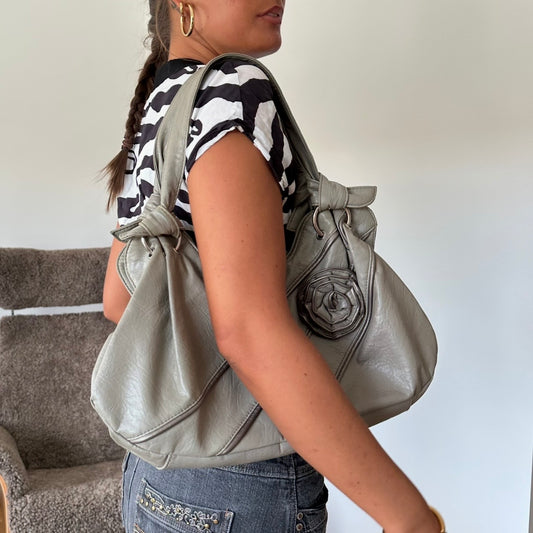 Grey Oversized Hobo Handbag with Floral Detail