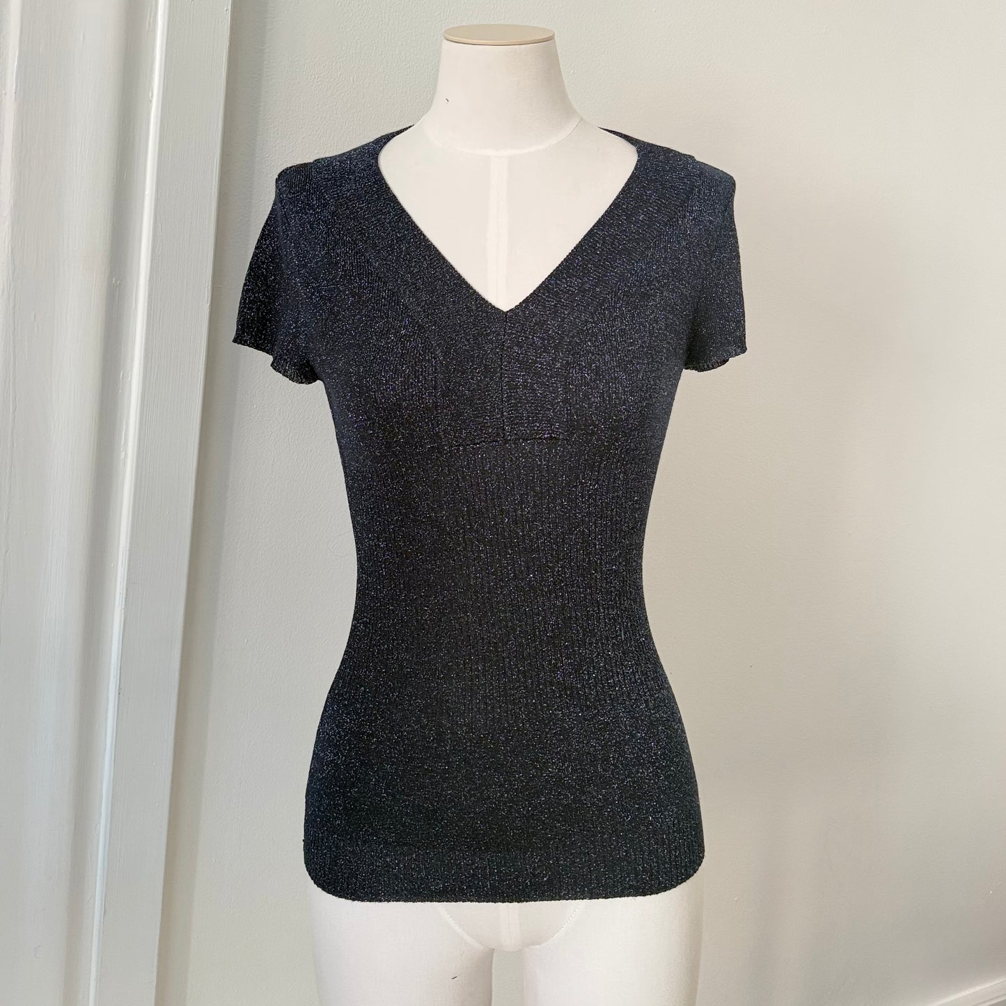Navy Glitter Knit V-Neck Top Short Sleeve Metallic Size M