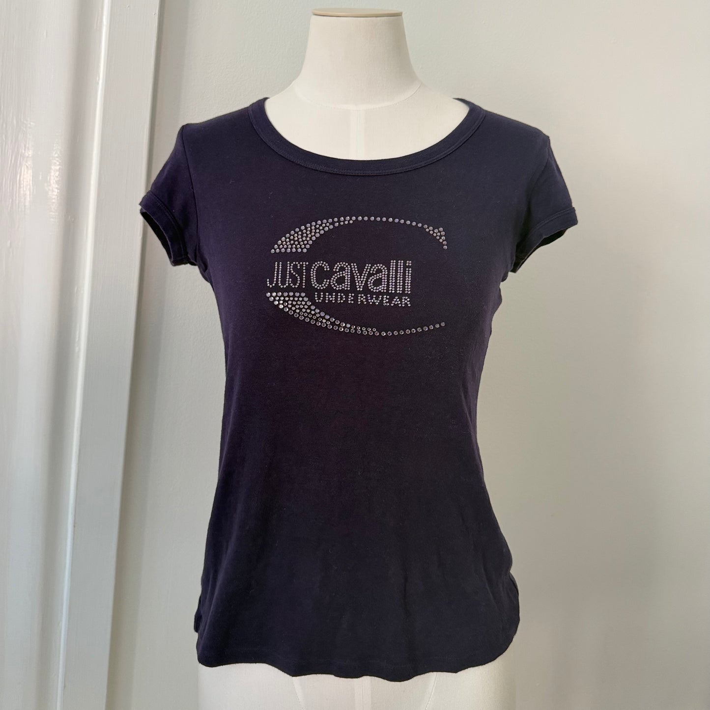 Purple Cavalli Logo T-Shirt Rhinestone Cotton Top Size M
