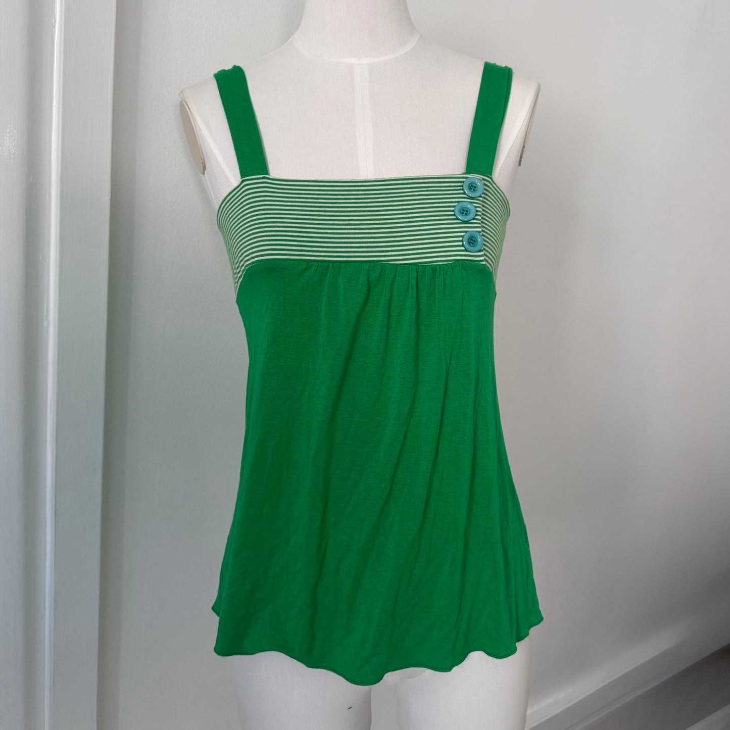 Green Striped Cami Top Button Detail Stretch Size S