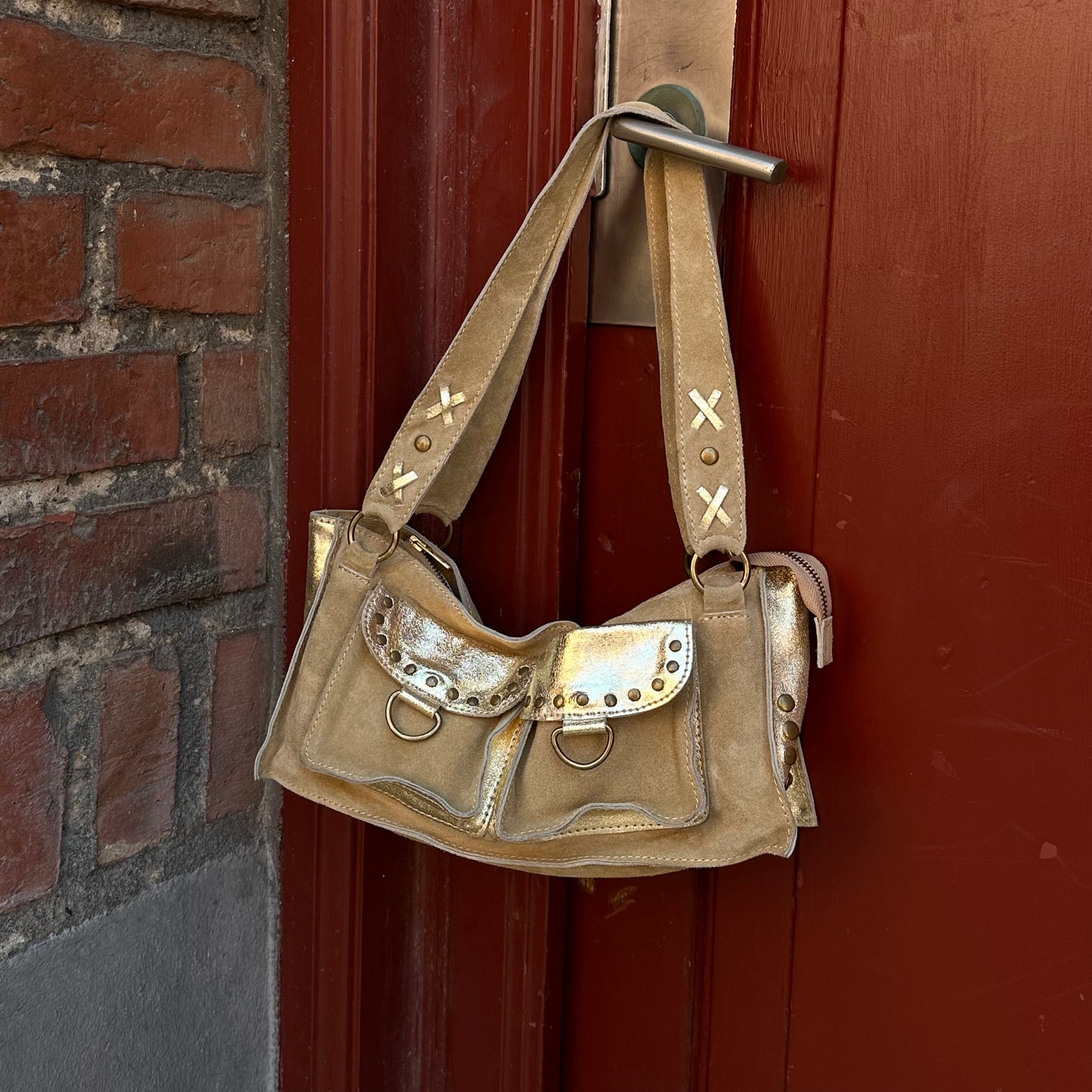 Boxy Gold Suede Shoulder Bag