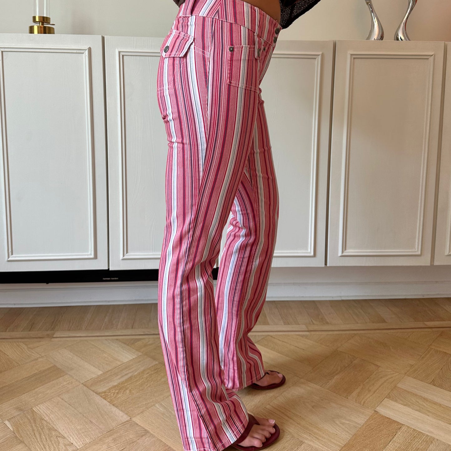 Pink Stripe Low Waist Flare Jeans