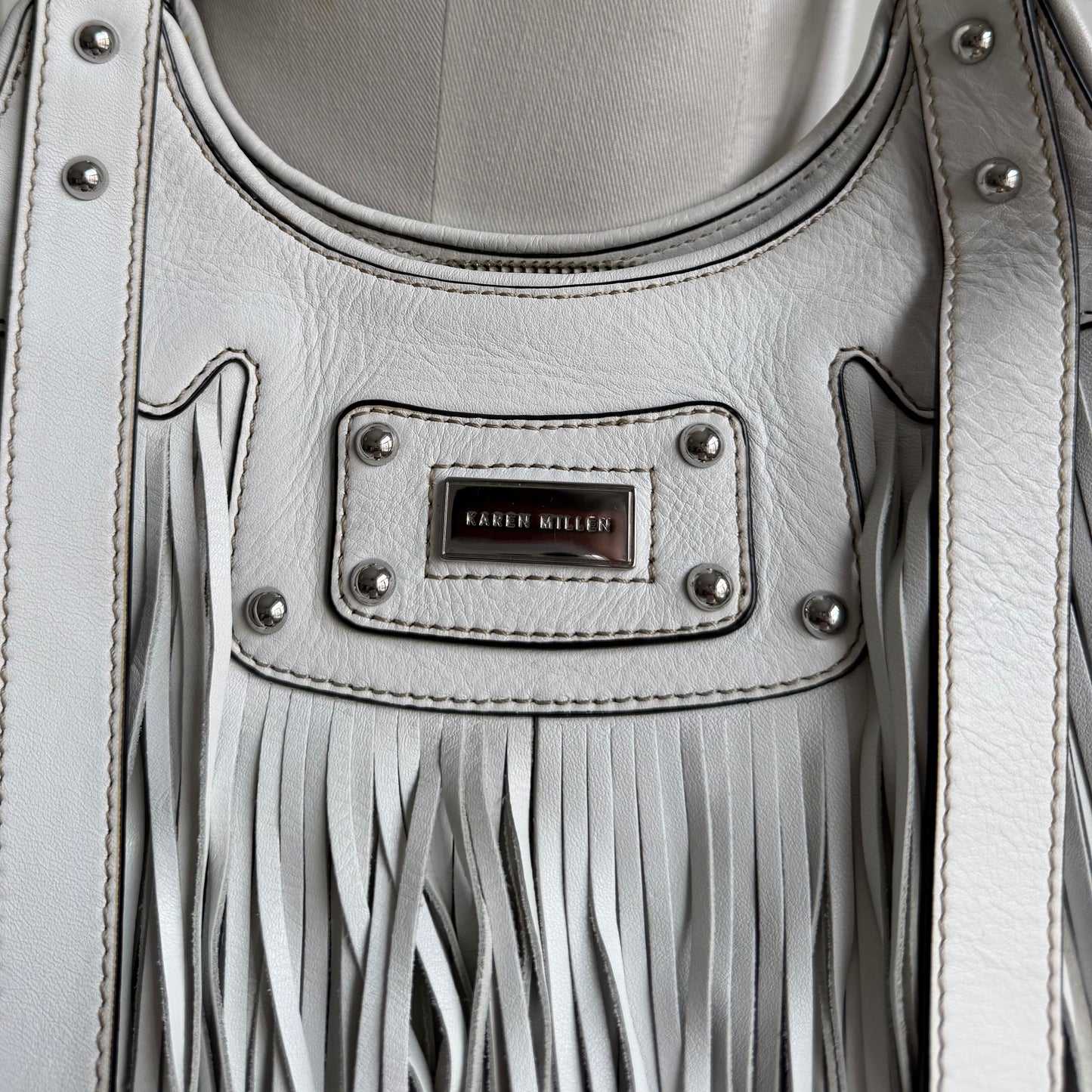 Karen Millen White Leather Fringe Bag – Studded Shoulder Bag