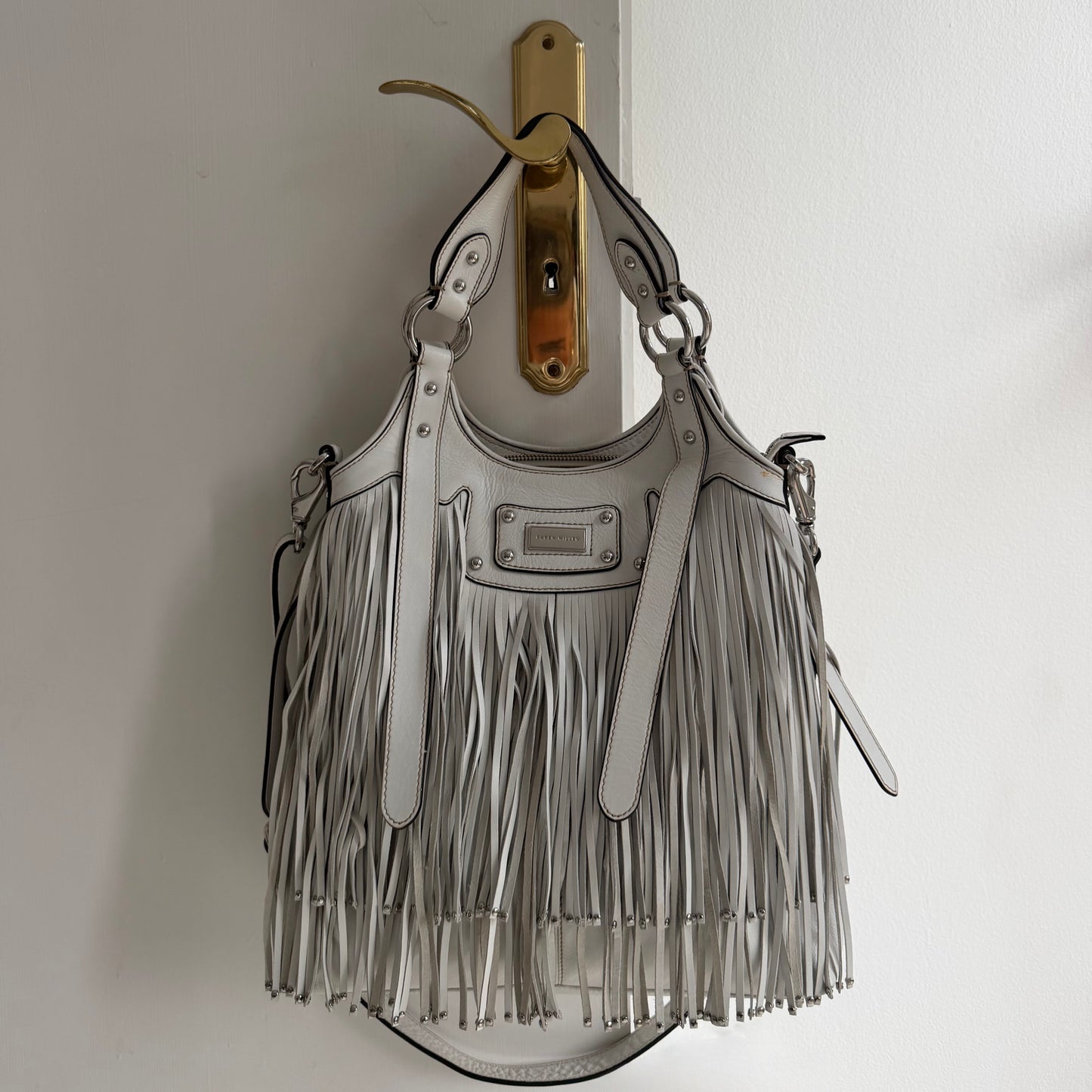 Karen Millen White Leather Fringe Bag – Studded Shoulder Bag