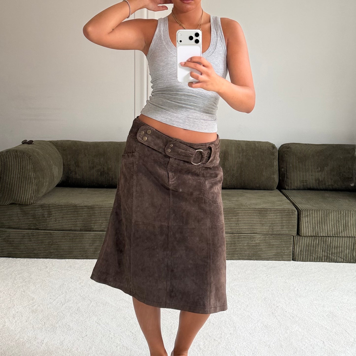 Suede Belt Detail Midi Skirt